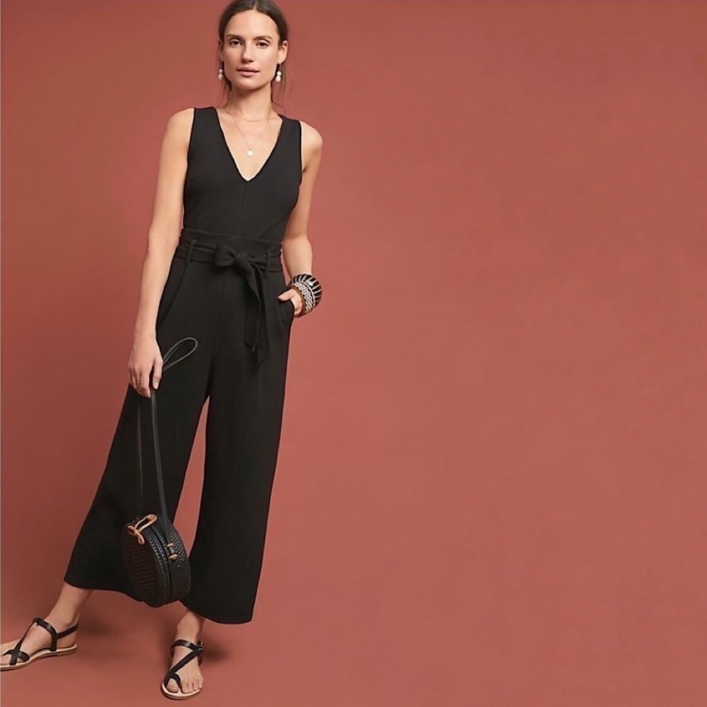 Anthropologie Cathy Structured Wide Leg Sleeveless V Neck Jumpsuit Black XS